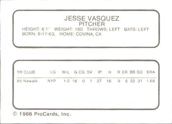 1986 ProCards Hagerstown Suns #26 Jesse Vazquez Back