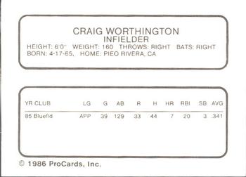 1986 ProCards Hagerstown Suns #29 Craig Worthington Back