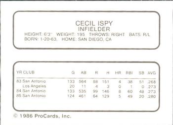 1986 ProCards Hawaii Islanders #5 Cecil Espy Back
