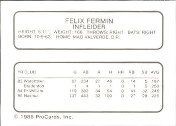 1986 ProCards Hawaii Islanders #8 Felix Fermin Back
