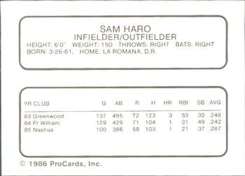 1986 ProCards Hawaii Islanders #10 Sam Haro Back