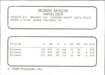 1986 ProCards Hawaii Islanders #16 Bobby Miscik Back