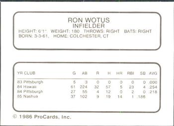 1986 ProCards Hawaii Islanders #22 Ron Wotus Back