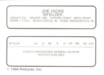 1986 ProCards Iowa Cubs #15 Joe Hicks Back