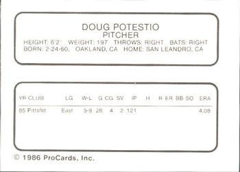 1986 ProCards Iowa Cubs #22 Doug Potestio Back