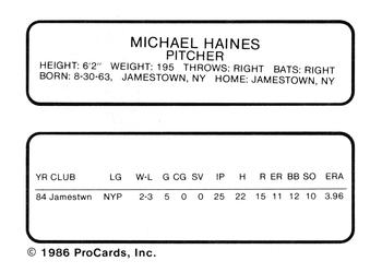 1986 ProCards Jamestown Expos #11 Michael Haines Back