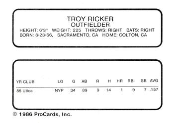 1986 ProCards Jamestown Expos #19 Troy Ricker Back