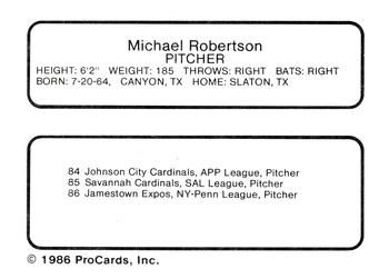 1986 ProCards Jamestown Expos #20 Michael Robertson Back