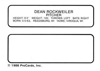 1986 ProCards Jamestown Expos #21 Dean Rockweiler Back