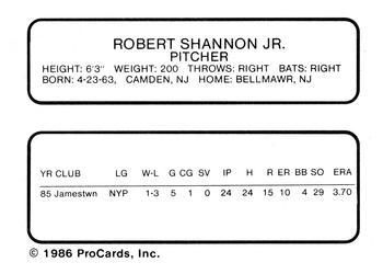 1986 ProCards Jamestown Expos #22 Robert Shannon Back