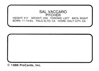 1986 ProCards Jamestown Expos #27 Sal Vaccaro Back