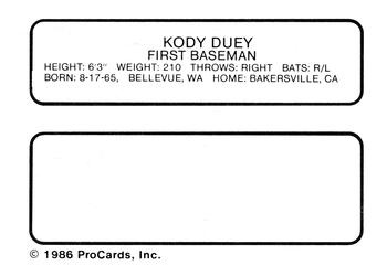 1986 ProCards Jamestown Expos #5 Kody Duey Back