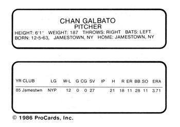 1986 ProCards Jamestown Expos #9 Chan Galbato Back