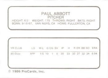 1986 ProCards Kenosha Twins #1 Paul Abbott Back