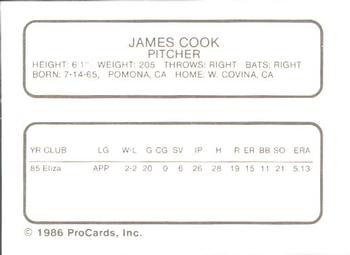 1986 ProCards Kenosha Twins #4 James Cook Back