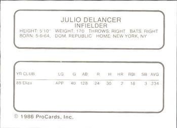 1986 ProCards Kenosha Twins #6 Julio Delancer Back