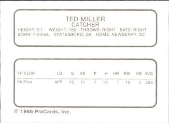 1986 ProCards Kenosha Twins #16 Ted Miller Back