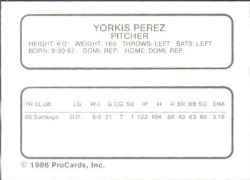 1986 ProCards Kenosha Twins #19 Yorkis Perez Back