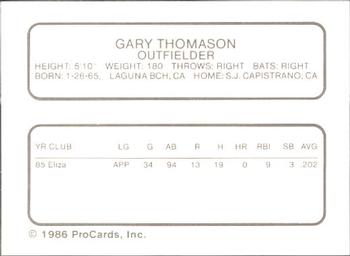 1986 ProCards Kenosha Twins #24 Gary Thomason Back