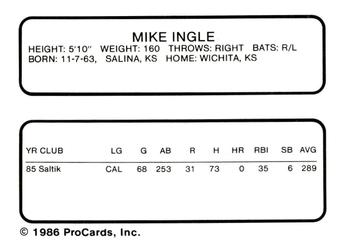 1986 ProCards Kinston Eagles #10 Mike Ingle Back