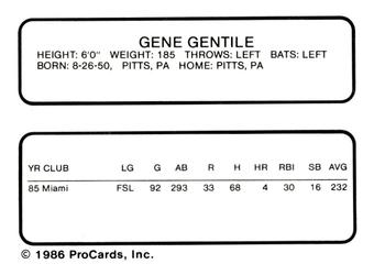 1986 ProCards Kinston Eagles #8 Gene Gentile Back