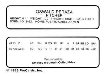 1986 ProCards Knoxville Blue Jays #NNO Oswald Peraza Back