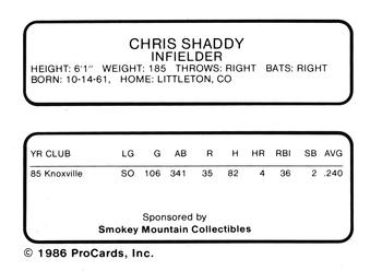 1986 ProCards Knoxville Blue Jays #NNO Chris Shaddy Back