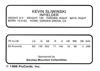 1986 ProCards Knoxville Blue Jays #NNO Kevin Sliwinski Back