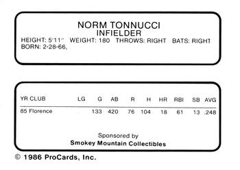 1986 ProCards Knoxville Blue Jays #NNO Norm Tonucci Back