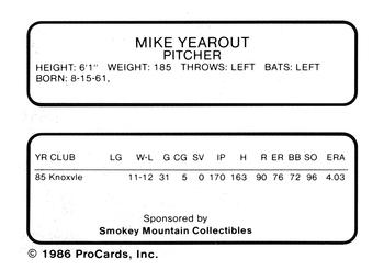 1986 ProCards Knoxville Blue Jays #NNO Mike Yearout Back