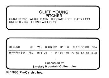 1986 ProCards Knoxville Blue Jays #NNO Cliff Young Back