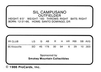 1986 ProCards Knoxville Blue Jays #NNO Sil Campusano Back