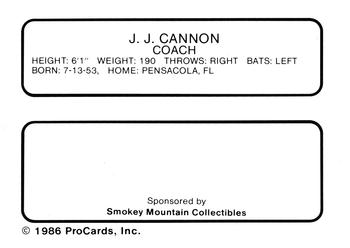 1986 ProCards Knoxville Blue Jays #NNO J.J. Cannon Back