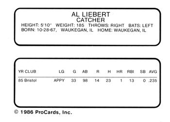 1986 ProCards Lakeland Tigers #NNO Al Liebert Back