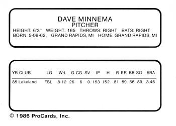 1986 ProCards Lakeland Tigers #NNO Dave Minnema Back