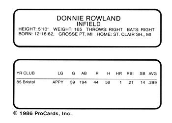 1986 ProCards Lakeland Tigers #NNO Donnie Rowland Back