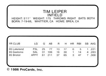 1986 ProCards Lakeland Tigers #NNO Tim Leiper Back
