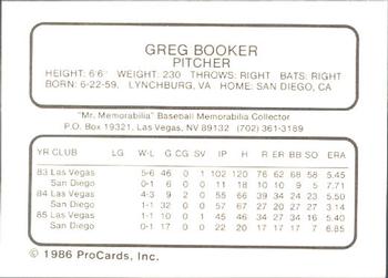1986 ProCards Las Vegas Stars #2 Greg Booker Back
