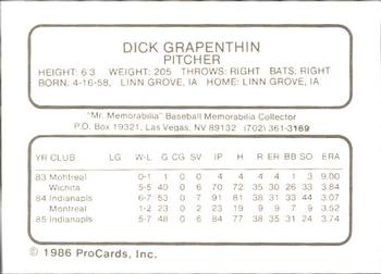 1986 ProCards Las Vegas Stars #5 Dick Grapenthin Back