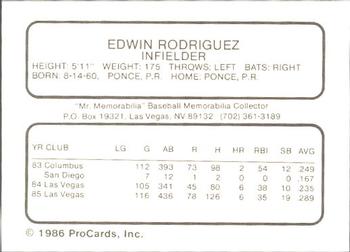 1986 ProCards Las Vegas Stars #14 Edwin Rodriguez Back