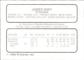 1986 ProCards Las Vegas Stars #16 James Siwy Back