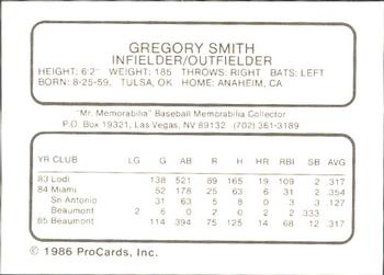 1986 ProCards Las Vegas Stars #17 Gregory Smith Back