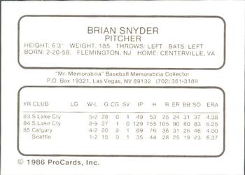 1986 ProCards Las Vegas Stars #18 Brian Snyder Back
