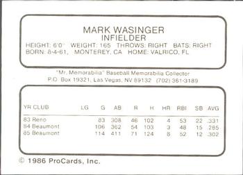 1986 ProCards Las Vegas Stars #23 Mark Wasinger Back