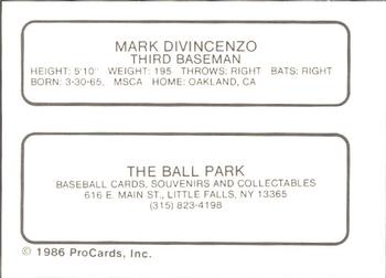1986 ProCards Little Falls Mets #NNO Mark DiVincenzo Back