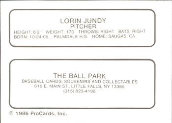 1986 ProCards Little Falls Mets #NNO Lorin Jundy Back