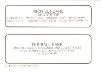 1986 ProCards Little Falls Mets #NNO Rich Lundahl Back