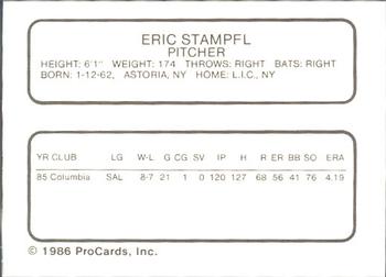 1986 ProCards Lynchburg Mets #NNO Eric Stampfl Back