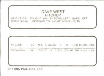 1986 ProCards Lynchburg Mets #NNO Dave West Back
