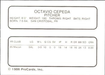 1986 ProCards Macon Pirates #5 Octavio Cepeda Back